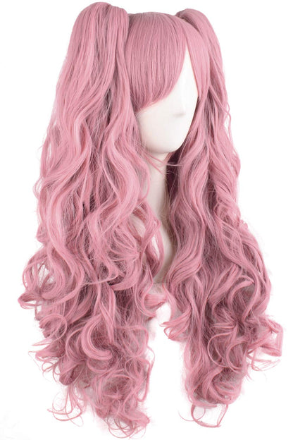 MapofBeauty 28"/70cm Lolita Long Curly Clip on Ponytails Cosplay Wig (Rouge Pink)