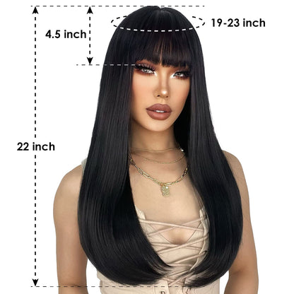 ENTRANCED STYLES Black Wig for Women Long Straight Black Wigs with Bangs Black Hair Wigs Heat Resistant Synthetic Womens Wig for Daily Party Christmas Halloween Use 22 Inch （1B