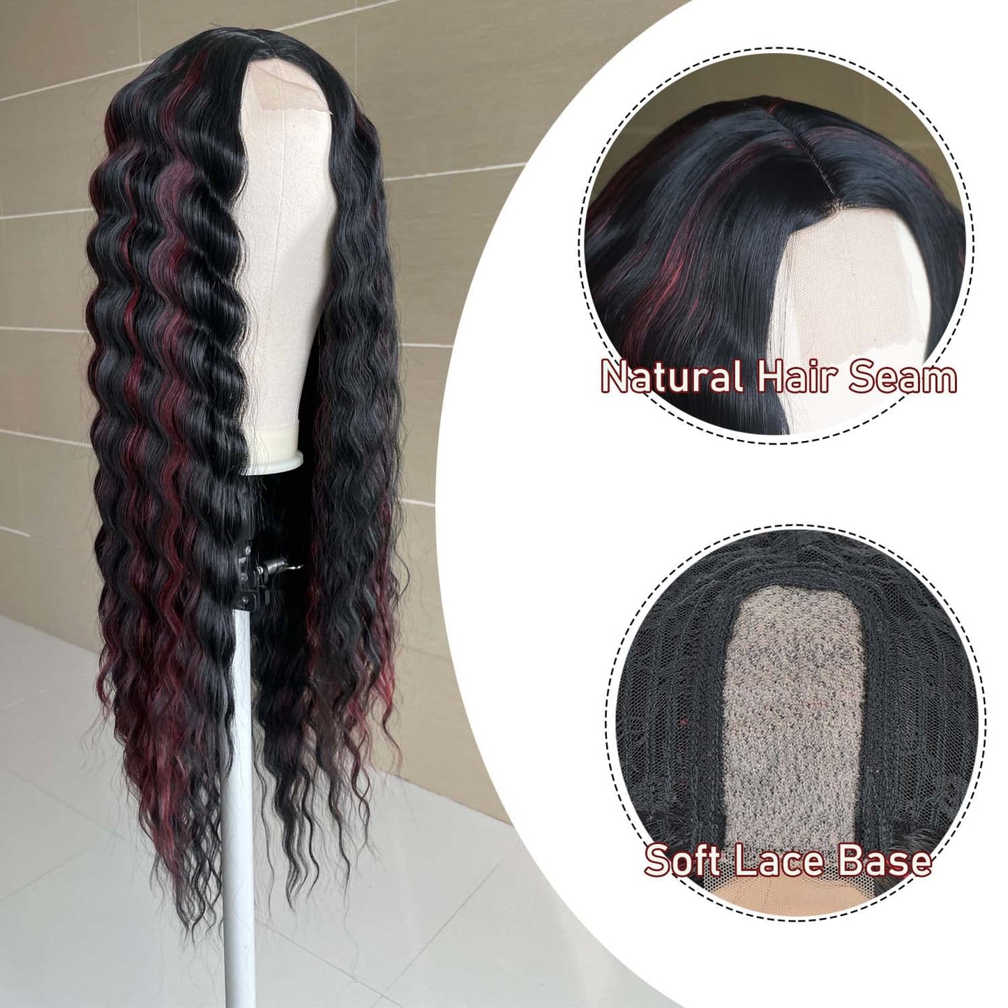 INSTASTYLE Burgundy Red Highlight Wig 30 inch Loose Deep Wave Wigs Synthetic Long Curly Wigs for Women Simulated Scalp Lace Front Wig Crimps Curls