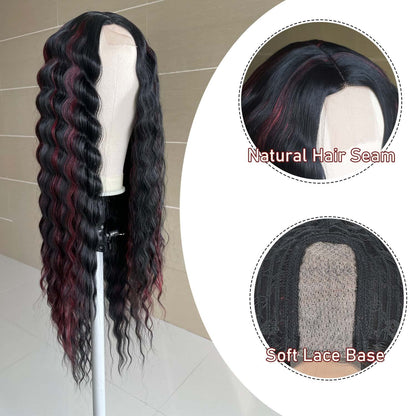 INSTASTYLE Burgundy Red Highlight Wig 30 inch Loose Deep Wave Wigs Synthetic Long Curly Wigs for Women Simulated Scalp Lace Front Wig Crimps Curls