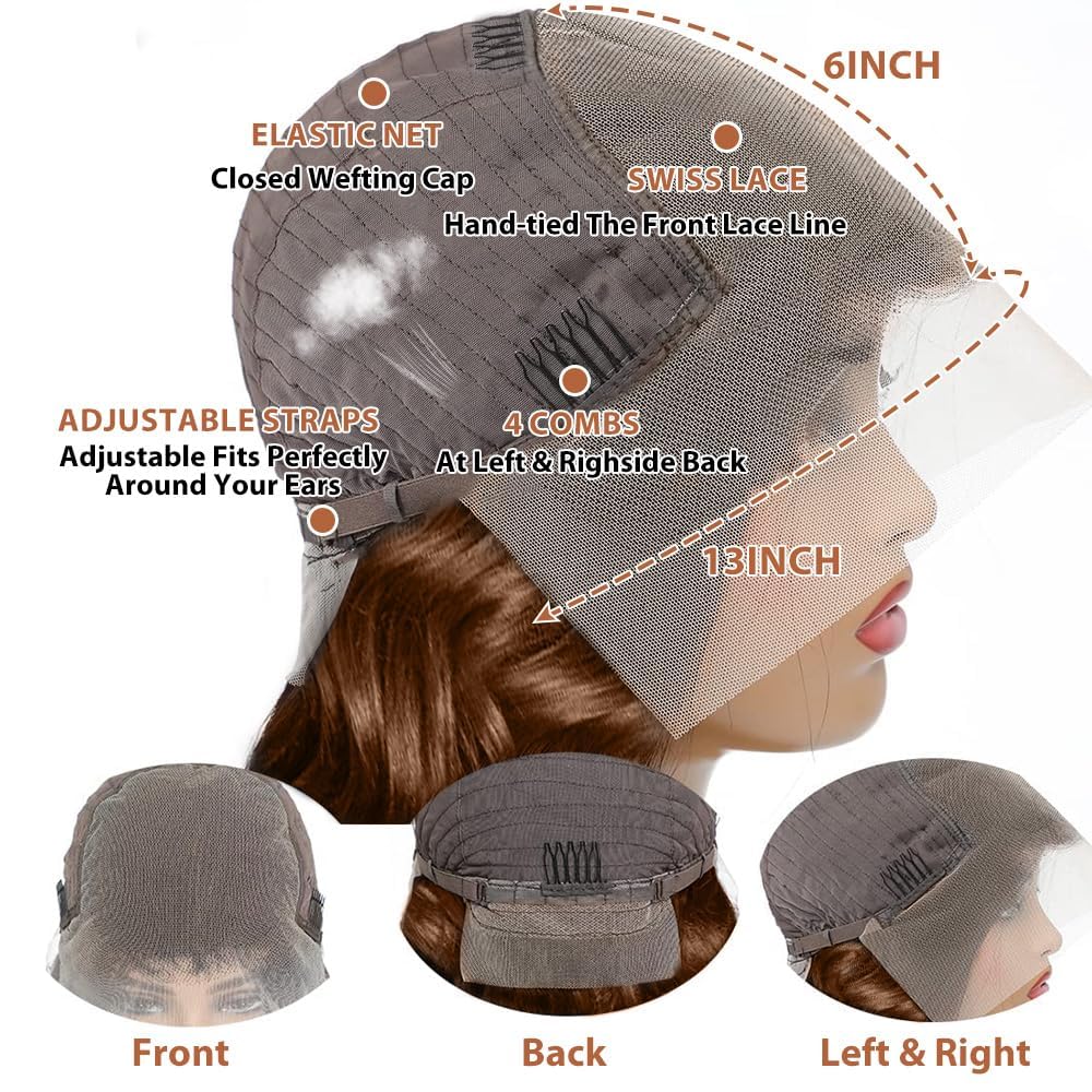 200 Density 13X6 Chocolate Brown Body Wave Lace Front Wigs Human Hair 13x6 HD Transparent Lace Front Wigs For Women Auburn Brown Colored with Baby Hair Glueless Wigs Human Hair Full And Thick(20 Inch)