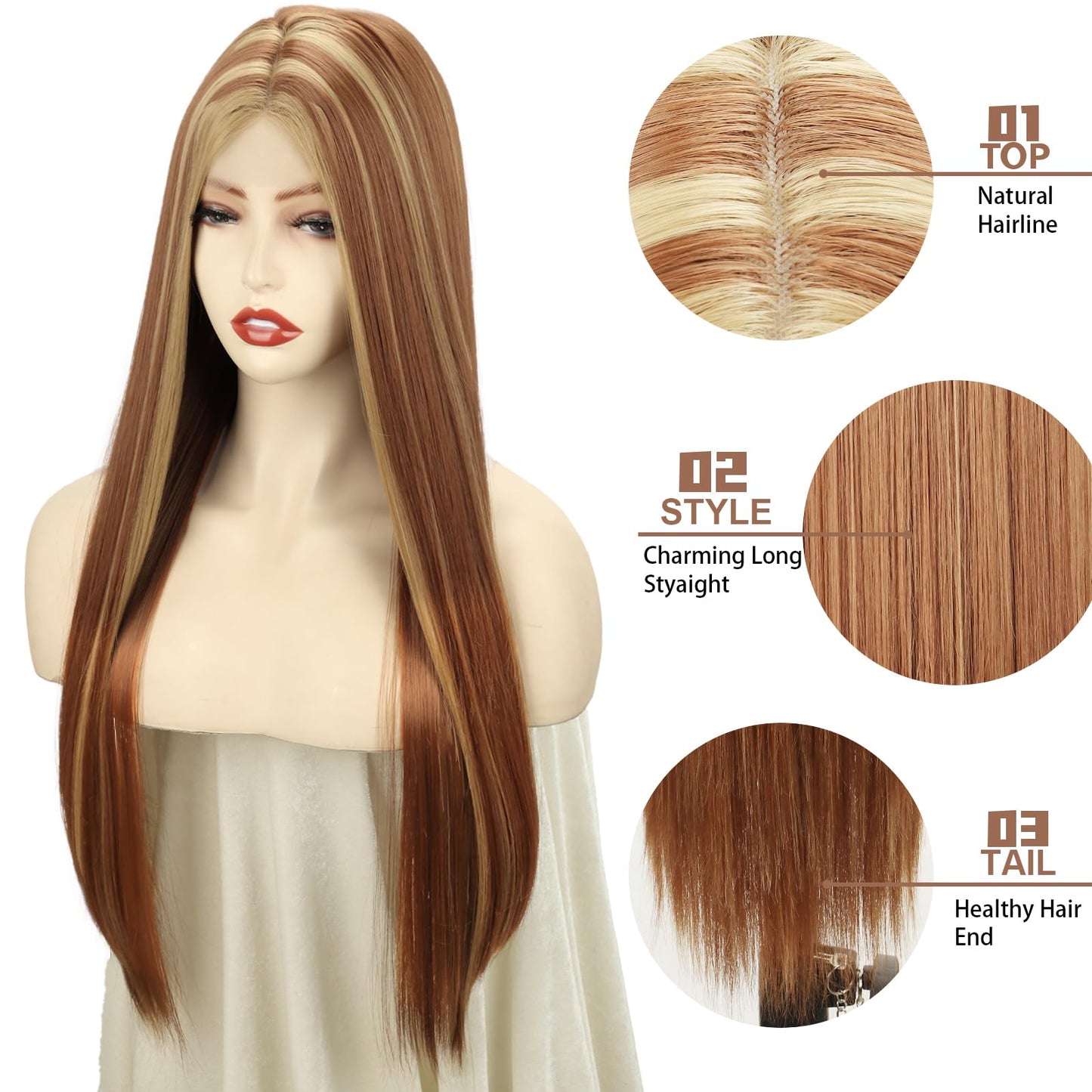 Xinran Highlights Blonde Ombre Wigs for Women，Long Straight Brown Blonde Mixed Wig Small Area Lace Front，Synthetic Natural Hairline Replacement Daily Use 30 Inch