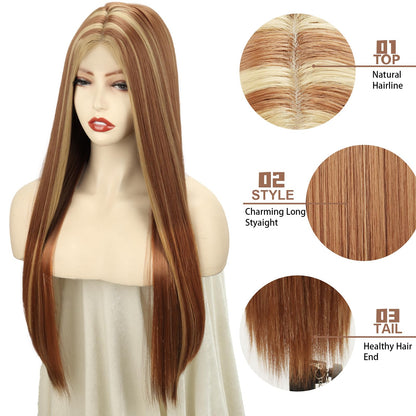 Xinran Highlights Blonde Ombre Wigs for Women，Long Straight Brown Blonde Mixed Wig Small Area Lace Front，Synthetic Natural Hairline Replacement Daily Use 30 Inch