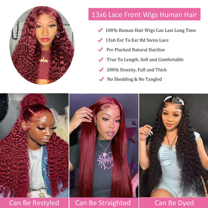 Bworto Burgundy Wig Human Hair 99j Burgundy 13x6 Deep Wave Lace Front Wigs Human Hair Pre Plucked HD Transparent Lace Frontal Wigs for Black Women Red Colored Wig 28 Inch