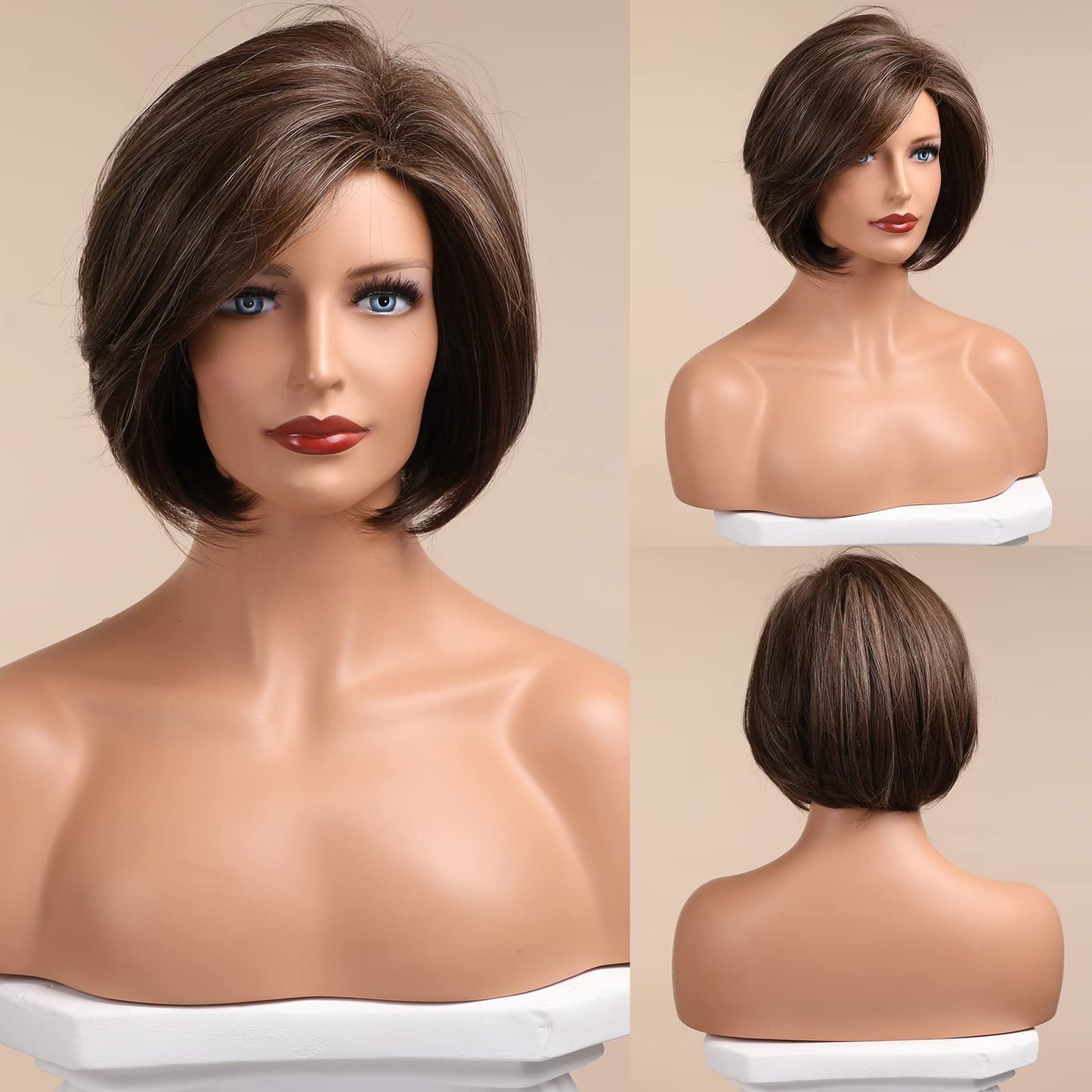 HAIRCUBE Brown Bob Wig Short Hair Wigs for Women Highlight Heat Resistant Fibre Synthetic Wig Natural Looking 10 Inch