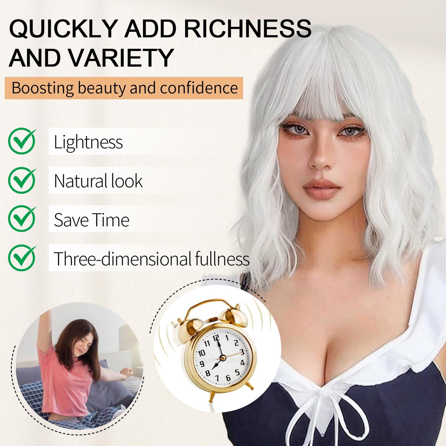 AGO White Wavy Wig with Bangs,Short Curly Bob Wig Shoulder Length 14Inch Synthetic Hair for Women Girl Heat Resistant Synthetic Colorful Wigs for Daily Party Halloween Cosplay Use(60#White)