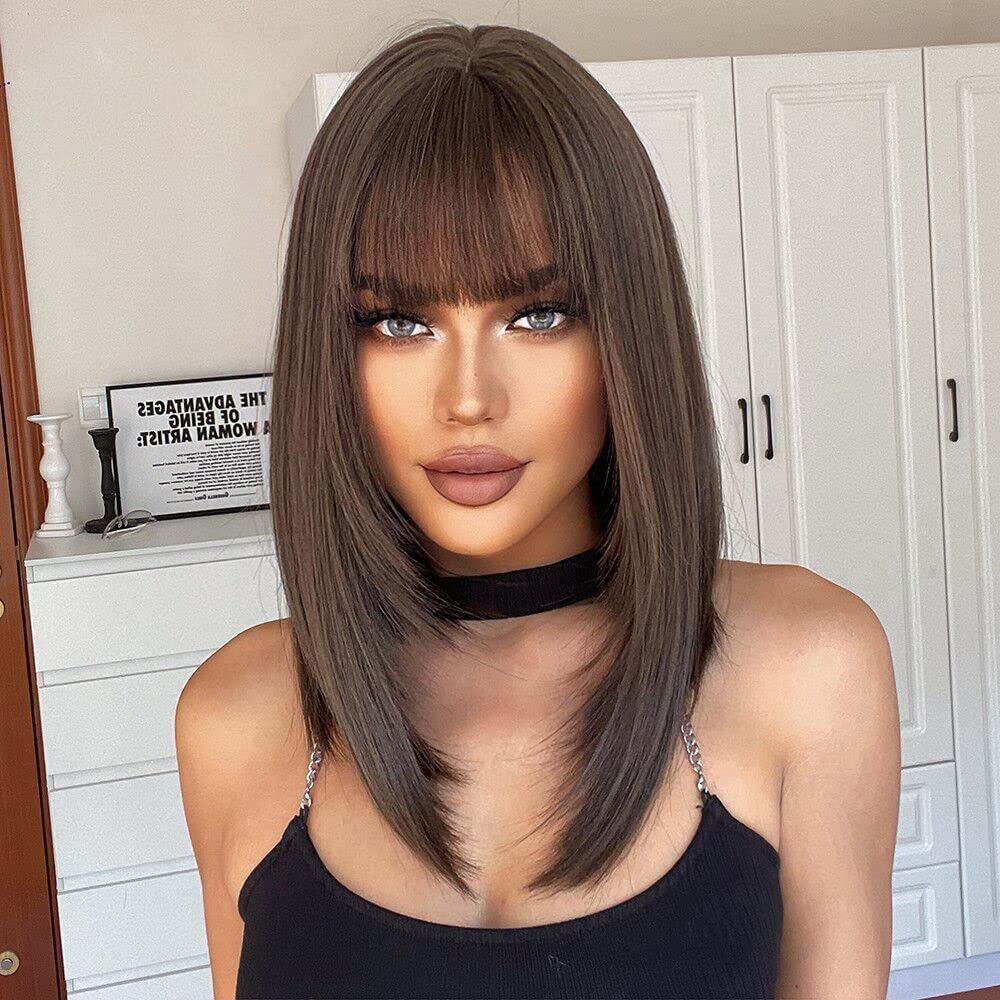 Alanhair Brown Wigs for Women,HAIRCUBE Medium Length Layered Wigs with Bangs Heat Resistant Synthetic Wigs for Daily Party Use