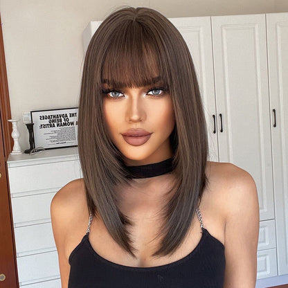 Alanhair Brown Wigs for Women,HAIRCUBE Medium Length Layered Wigs with Bangs Heat Resistant Synthetic Wigs for Daily Party Use
