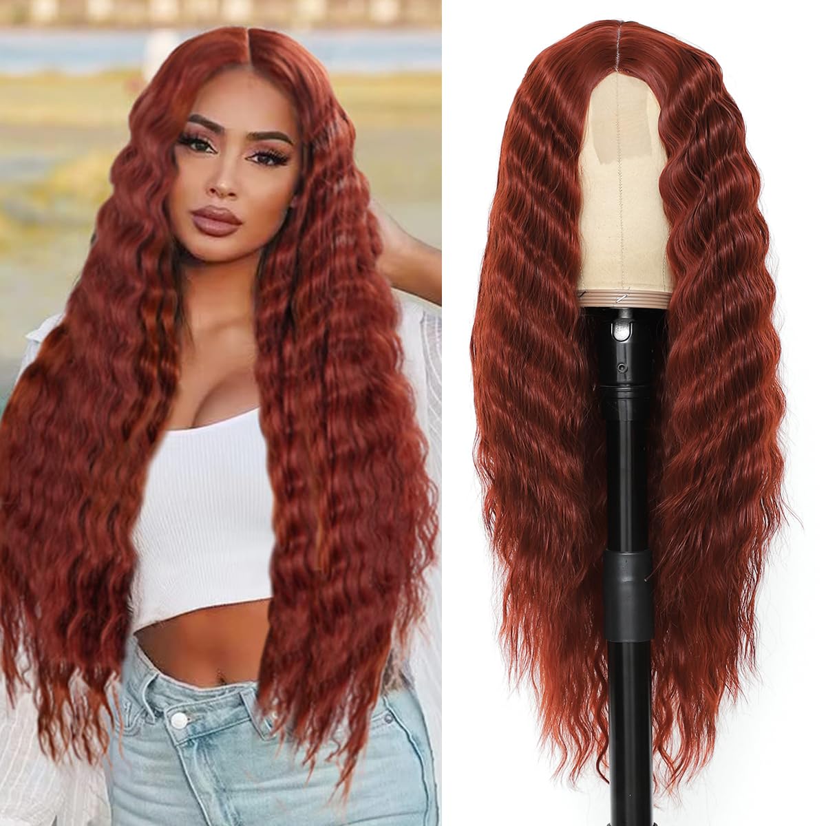 INSTASTYLE 30inch Curly Wig Long Synthetic Wigs for Black Women Ginger Red Deep Wave Synthetic Curly Wig Lace Front with 4" Simulated Scalp Natural Crimps Curls Hair Replacement Wig，350#