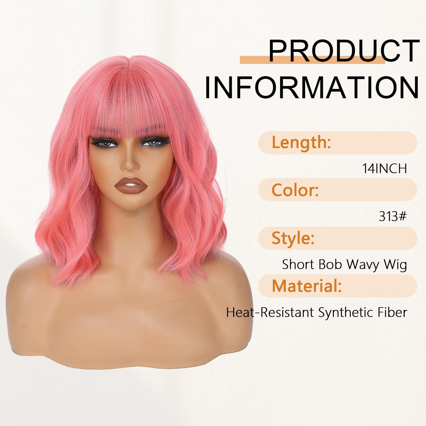 AGO Pink Wigs Short Wavy Hair Pastel Bob Wig with Bangs Shoulder Length Synthetic Hair for Women Girl Colorful Cosplay Wig Synthetic Heat Resistant Fiber for Daily Party Halloween Use(313#Pink)