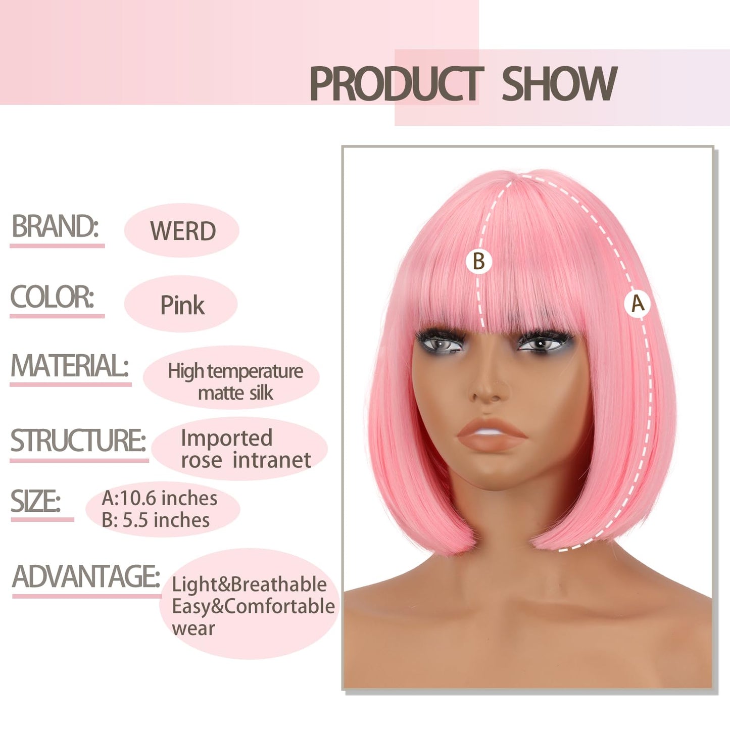WERD Short Pink Bob Wig for Women Light Pink with Bangs Synthetic Hair Straight Bob Wig for Daily Party Cosplay