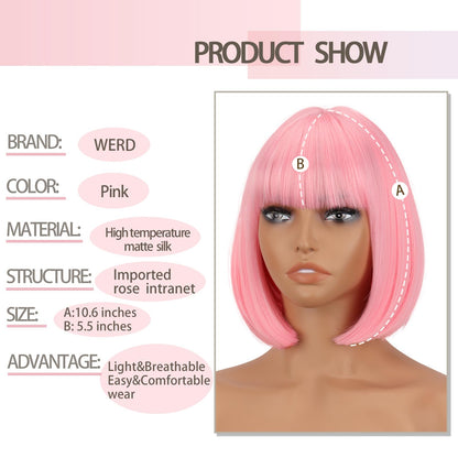 WERD Short Pink Bob Wig for Women Light Pink with Bangs Synthetic Hair Straight Bob Wig for Daily Party Cosplay