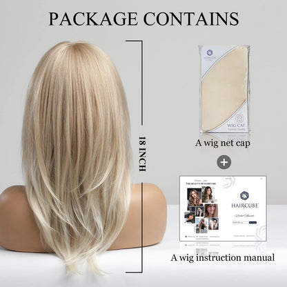 Alanhair Blonde Wigs for Women Shoulder-Length wig with Bangs,HAIRCUBE Synthetic Hair Layered Wigs Heat Resistant Fibre for Daily Party Use