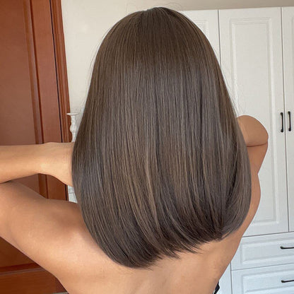 Alanhair Brown Wigs for Women,HAIRCUBE Medium Length Layered Wigs with Bangs Heat Resistant Synthetic Wigs for Daily Party Use