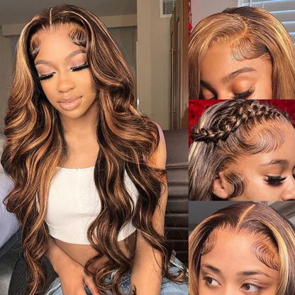 Loyom Highlight Ombre Lace Front Wig Human Hair Pre Plucked 13x4 HD Transparent 4/27 Honey Blonde Lace Front Wig Human Hair with Baby Hair 200 Density Body Wave Lace Front Wigs Human Hair 20 Inch