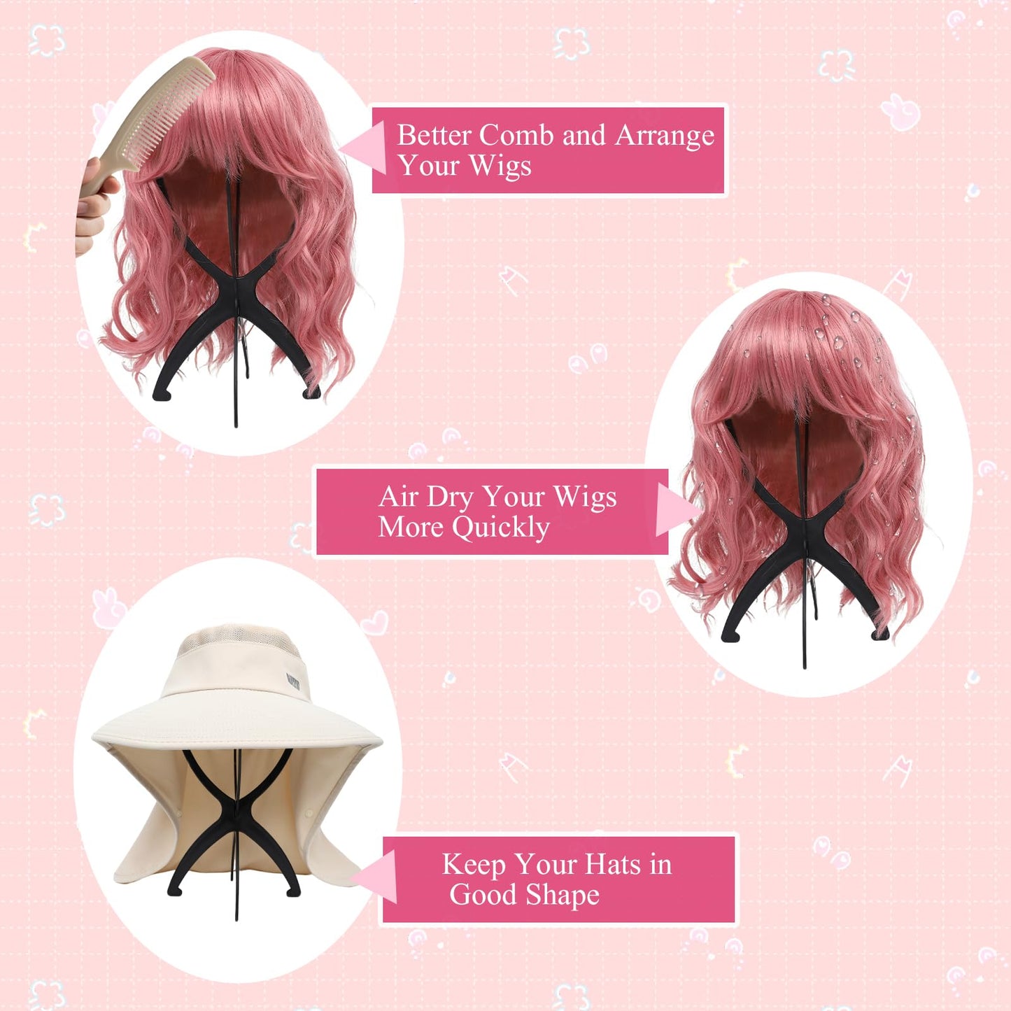 Seewaazee 2 Pack Wig Stand, Wig Head Stand Portable Wig Holder for Multiple Wigs, Wig Stands Tripod for Styling Wig Storage, Black two Packs