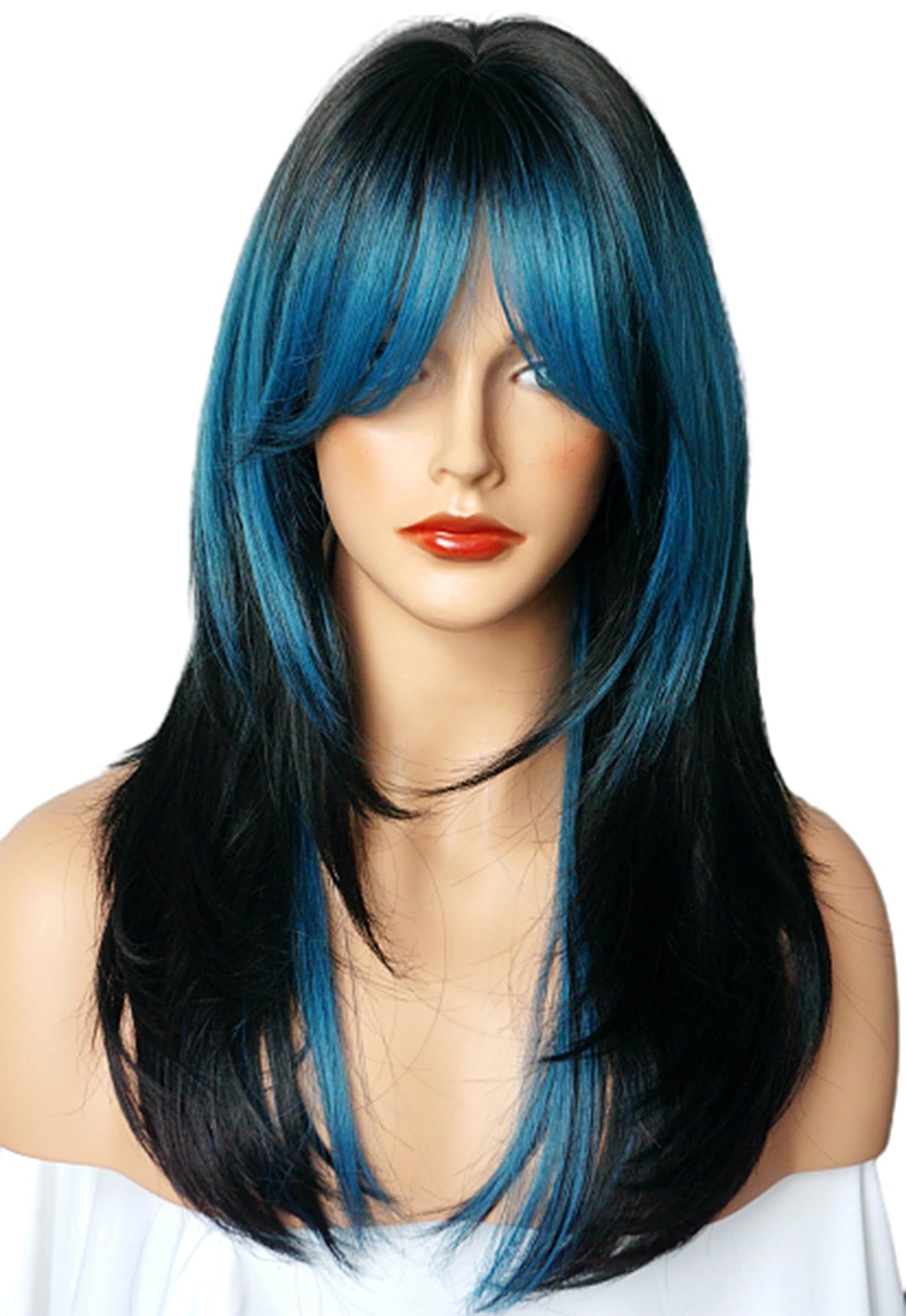 Long Layered Shoulder Length Blue Black wig Synthetic Hair Fiber Highlight Multicolor Wigs for White Women