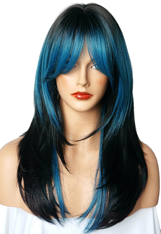 Long Layered Shoulder Length Blue Black wig Synthetic Hair Fiber Highlight Multicolor Wigs for White Women