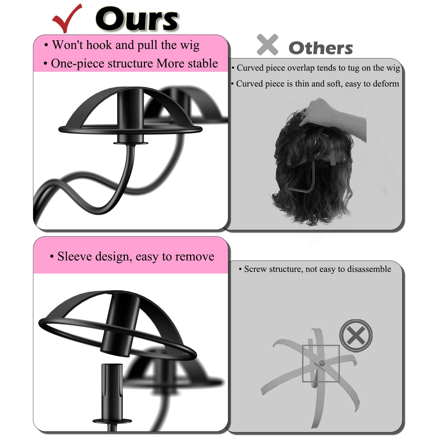 Lhysn Wig Stands - Multiple Wig Hanger Display Rack, Holder, Storage Organizer for Mannequin Head Metal Rack Stand (Black with 4 Holders)