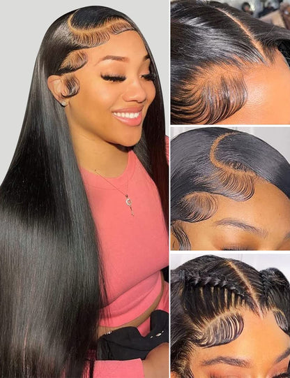 Hermosa 13x4 HD Transparent Lace Front Wigs Human Hair Pre Plucked with Baby Hair 180 Density Brazilian Straight Human Hair Wigs for Black Women Natural Hairline Black Color 24 inch
