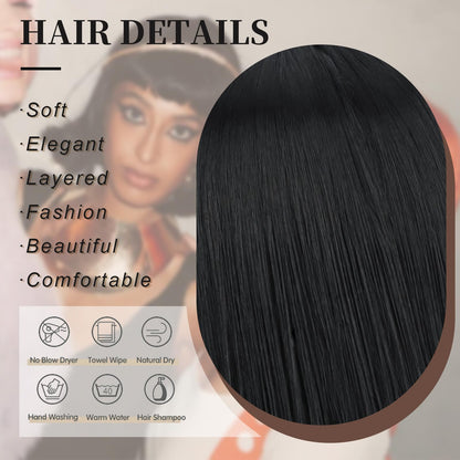 Short Black Straight Wig with Bangs Black Wigs for Women Bob Shoulder Length Wigs Heat Resistant Fiber Synthetic Hair Wigs Hair Replacement Natural Looking(12INCH)