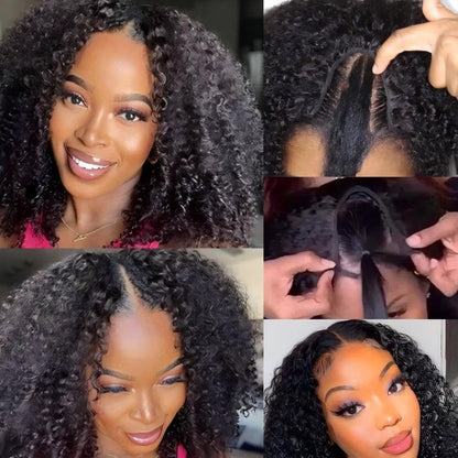 ISEE V Part Human Hair Kinky Curly Minimal/No Leave Out Upgrade U Part Wig for Black Women Human Hair V Shape Wig Kinky Curly Thin Part Glueless Clip In Half Wig 180% Density Natural Color 16 Inch