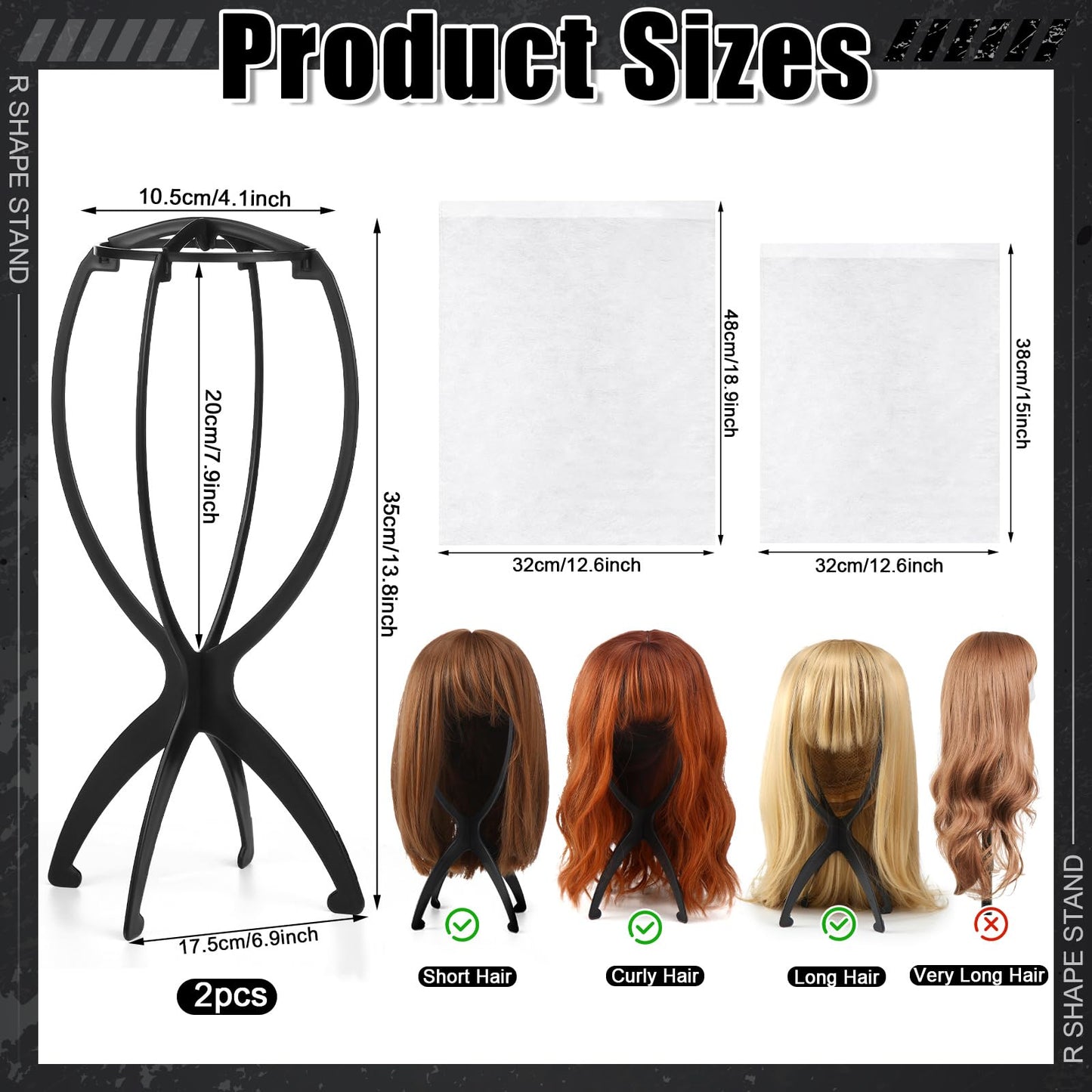 ProSuites 2 Pack Wig Stand with 2Pcs Wig Dust Bag, Travel Wig Head Stand Holder for Women Multiple Wigs Styling, Black, Hair Length Under 40cm/15.74in