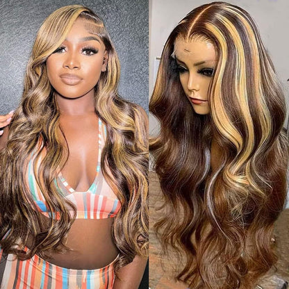 Loyom Body Wave Ombre Lace Front Wig Human Hair Pre Plucked 13x4 HD Transparent 4/27 Highlight Lace Front Wig Human Hair 200 Density Honey Blonde Wig 24 Inch