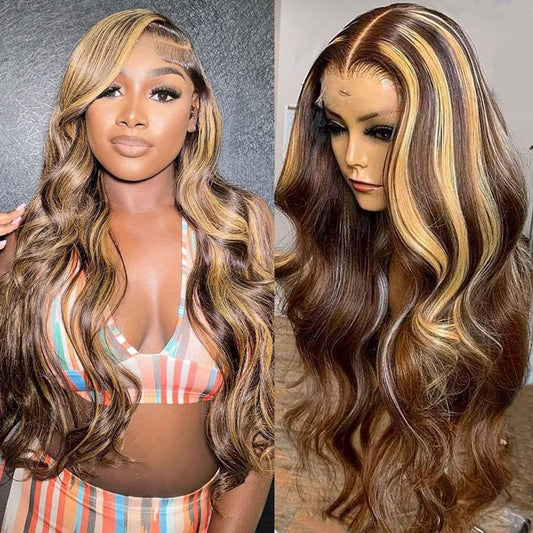 Loyom Body Wave Ombre Lace Front Wig Human Hair Pre Plucked 13x4 HD Transparent 4/27 Highlight Lace Front Wig Human Hair 200 Density Honey Blonde Wig 24 Inch