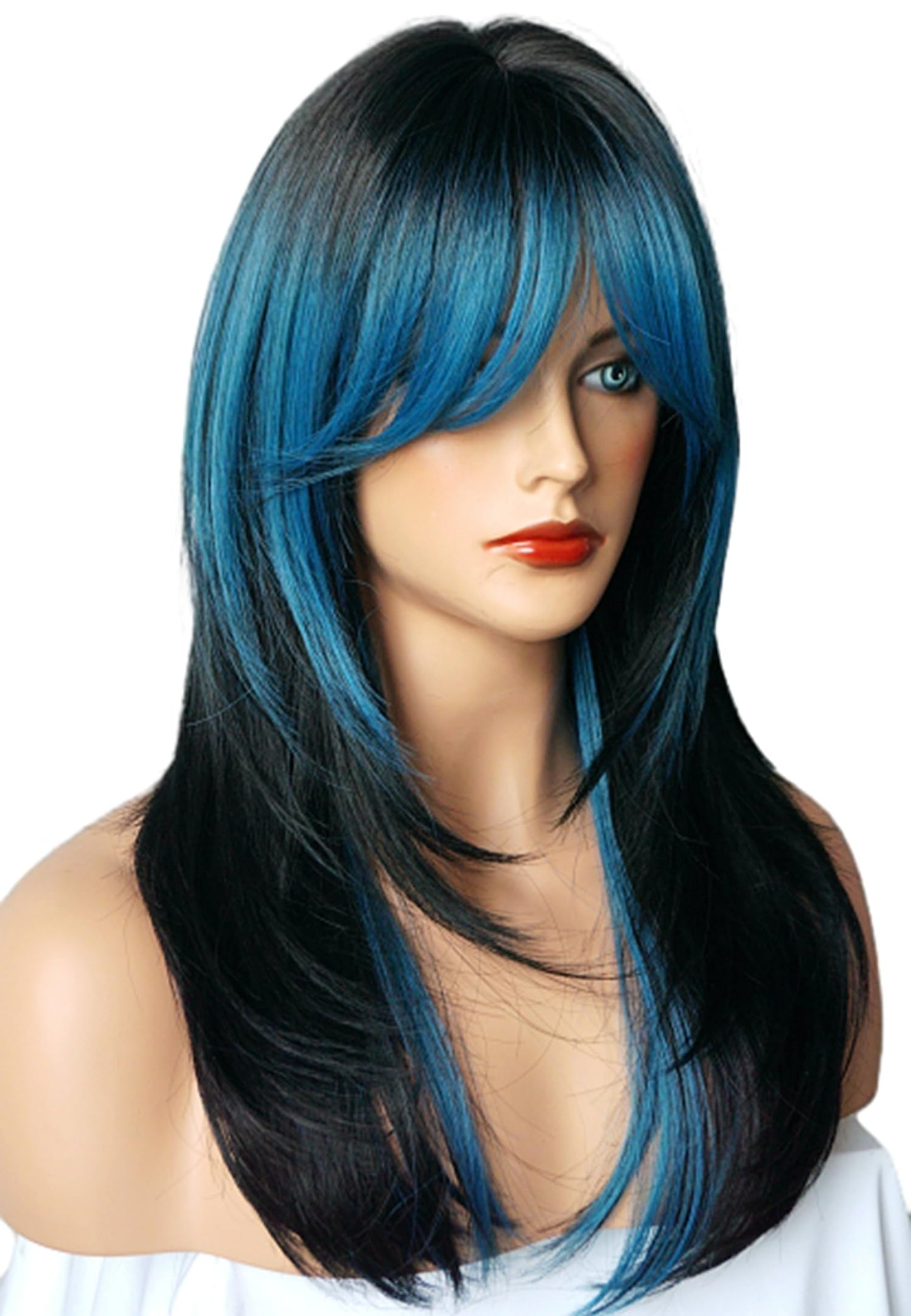 Long Layered Shoulder Length Blue Black wig Synthetic Hair Fiber Highlight Multicolor Wigs for White Women