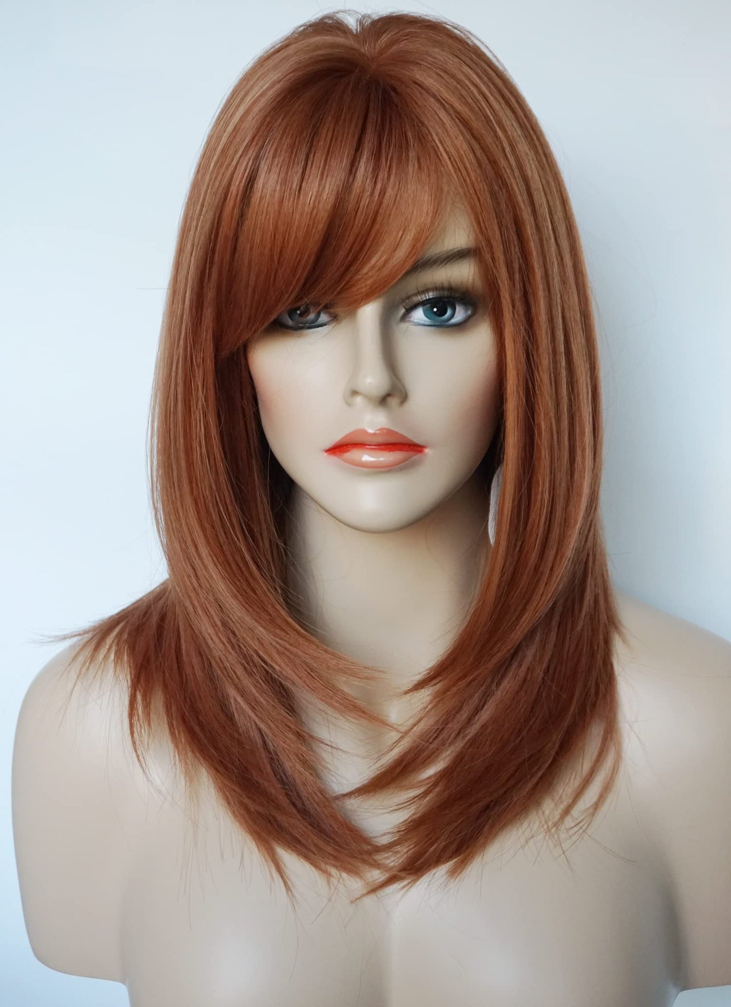 Women's Brown Red Shoulder Length Layered Wig with Bangs - Synthetic Medium Length Wig for White Women (Copper Red)