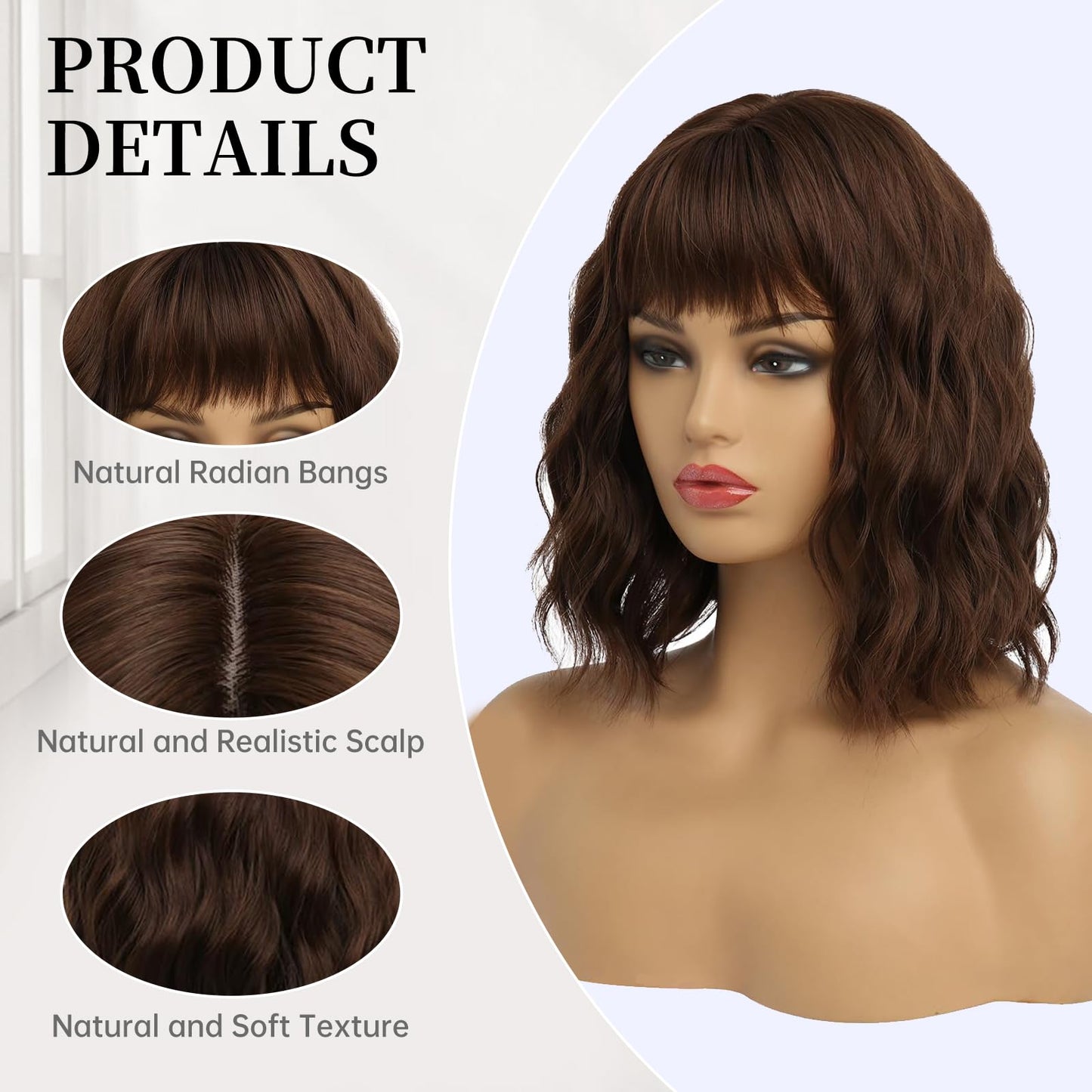 EssionTech Short Chocolate Brown Wigs for Women Dark Brown Wavy Bob Wig with Bangs Medium Lenth Synthetic Natural Hair Wigs for Daily Party Use(14 Inch)