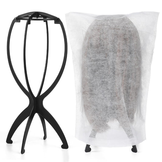 ProSuites 2 Pack Wig Stand with 2Pcs Wig Dust Bag, Travel Wig Head Stand Holder for Women Multiple Wigs Styling, Black, Hair Length Under 40cm/15.74in