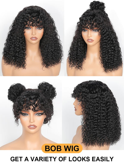JuneMet 14 Inch Wig with Bangs Human Hair Bob Water Wave 2x4 HD Lace Closure Front Curly Wigs Human Hair Bang Wig Glueless Ready to Wear and Go for Beginners 100% Brazilian Human Hair for Black Women
