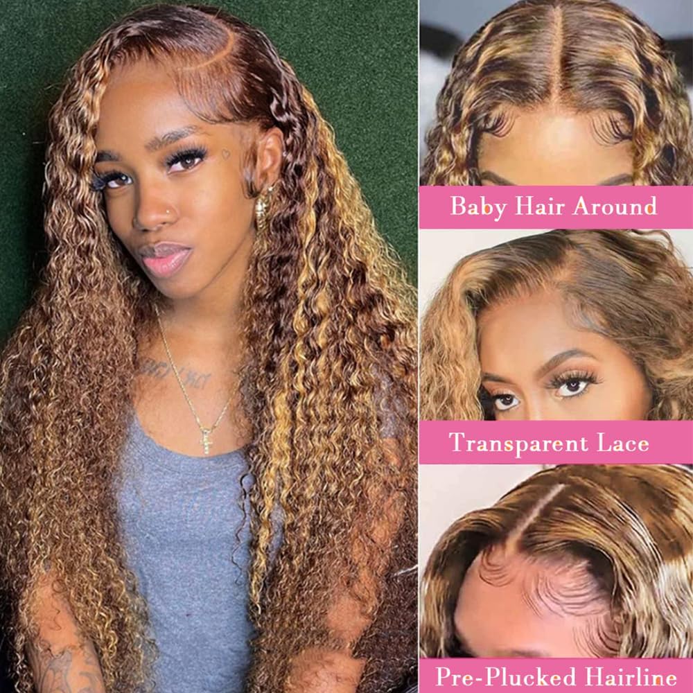 Chesma 30inch Highlight Ombre Lace Front Wig Human Hair 13x4 HD Honey Blonde 4/27 Deep Wave Lace Frontal Wigs Glueless Wigs Human Hair Pre Plucked with Baby Hair 180 Density