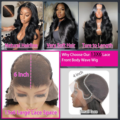 30 Inch Body Wave Lace Front Wigs Human Hair 220 Density Frontal Wigs Human Hair 13x6 Hd Lace Front Wigs Human Hair Pre Plucked Brazilian Virgin Hair Glueless Wig Body Wave Wig for Women Natural Black