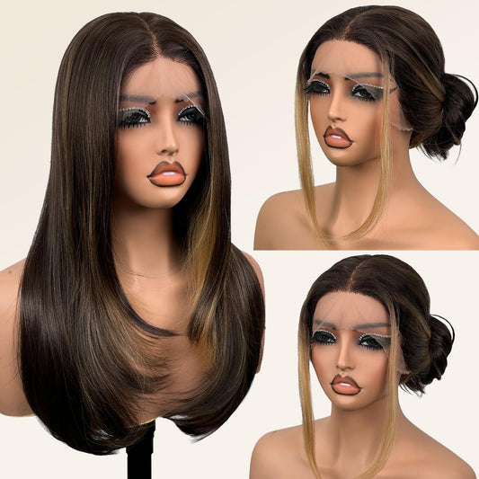 Glueless Synthetic Lace Front Wig 26 Inches Pre Plucked 13x5x1 Straight HD Lace Wigs for Black Women (4/27 Highlight, 26 Inch)