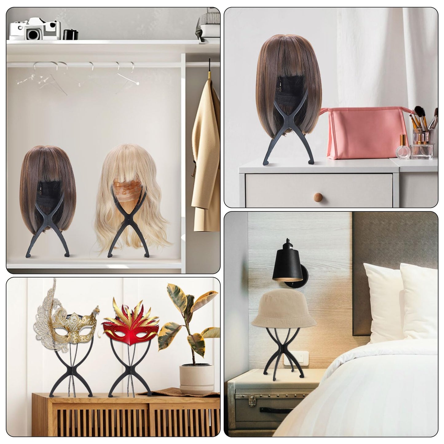 obeoby Wig Stand, Portable Wig Holder Wig Head Stand for All Wigs Travel Wig (black(3pack))
