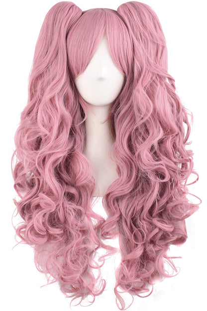 MapofBeauty 28"/70cm Lolita Long Curly Clip on Ponytails Cosplay Wig (Rouge Pink)