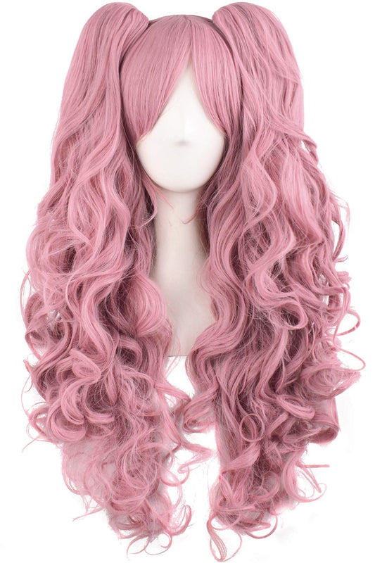 MapofBeauty 28"/70cm Lolita Long Curly Clip on Ponytails Cosplay Wig (Rouge Pink)