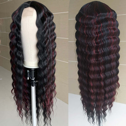 INSTASTYLE Burgundy Red Highlight Wig 30 inch Loose Deep Wave Wigs Synthetic Long Curly Wigs for Women Simulated Scalp Lace Front Wig Crimps Curls