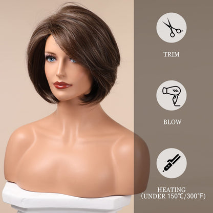 HAIRCUBE Brown Bob Wig Short Hair Wigs for Women Highlight Heat Resistant Fibre Synthetic Wig Natural Looking 10 Inch