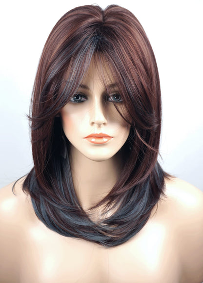 Medium Length Layered Wig Dark Brown with Blue Highlights, Synthetic Layered Wig with Bangs for White Women
