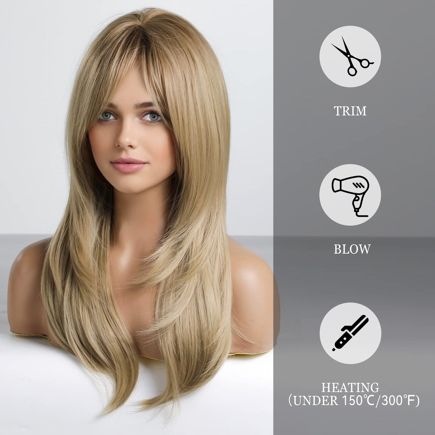 Alanhair Long Ash Blonde Wigs for Women,HAIRCUBE Layered Synthetic Wig with Bangs Heat Resistant Fiber Daily 24 Inch