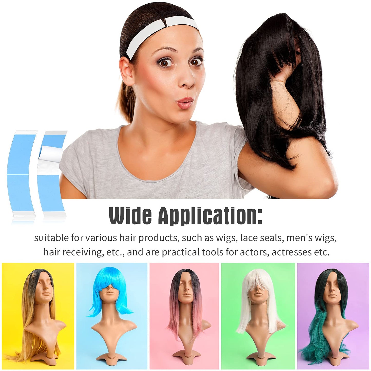 Maitys 120 Pieces Lace Front Wig Tape Double Sided Adhesive Waterproof C-Shaped for Long Short No Hair Wigs Toupees Pieces and Extension(Blue)