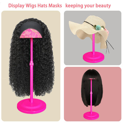 Wig Stand Pink 1PC Adjustable Height Portable Wig Holder Stands Non-Slip Wig Head Holders Sturdy Plastic Wig Head Stand for Multiple Wigs and Hats Styling Drying Display