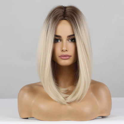 HAIRCUBE Ombre Blonde Bob Wig Shoulder Length Wigs for Women Dark Brown Roots Middle Part Heat Resistant Fibre Synthetic Wig Daily Natural looking