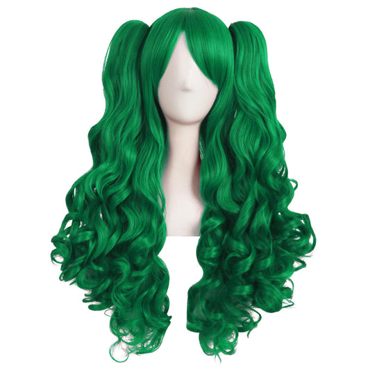 MapofBeauty 28 Inch/70 cm Lolita Long Curly 2 Ponytails Clip on Cosplay Wig (Grass Green)