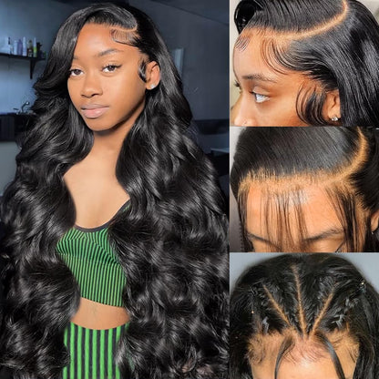 Wingirl 13x6 Body Wave Lace Front Wigs Human Hair Pre Plucked 180 Density HD Transparent Full Lace Frontal Wigs Human Hair for Women with Baby Hair Natural Black Color 26Inch