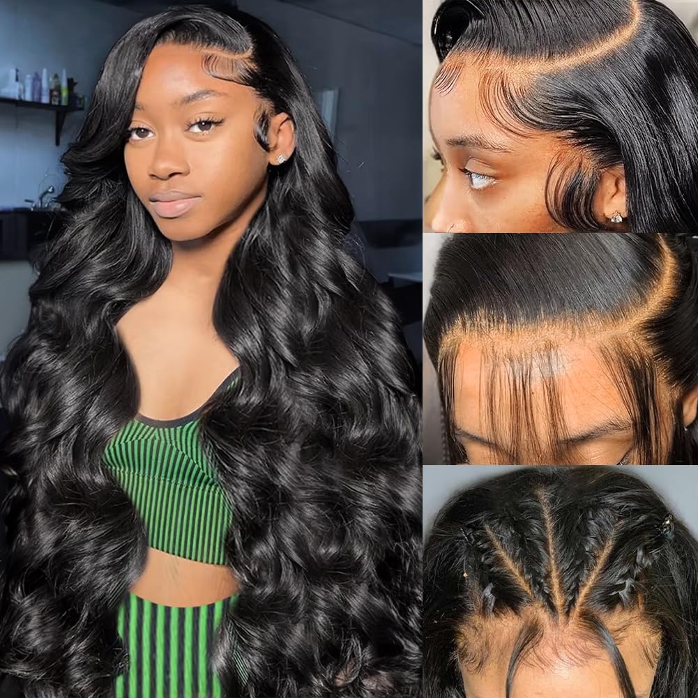 Wingirl 13x6 Body Wave Lace Front Wigs Human Hair Pre Plucked 180 Density HD Transparent Full Lace Frontal Wigs Human Hair for Women with Baby Hair Natural Black Color 20Inch